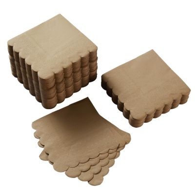 100 Pack Cocktail Napkin 2-Ply Scalloped Edged Dessert Napkins Folded 5 x 5 Inches Disposable Napkins for Dinner Wedding Birthday Party Bridal Anniversary Reception Event (Brown)
