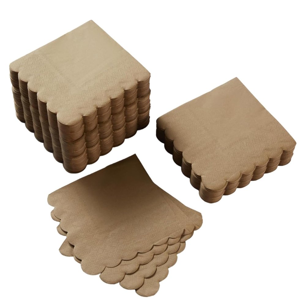 200 Pack Cocktail Napkin 2-Ply Scalloped Edged Dessert Napkins Folded 5 x 5 Inches Disposable Napkins for Dinner Wedding Birthday Party Bridal Anniversary Reception Event (Brown)