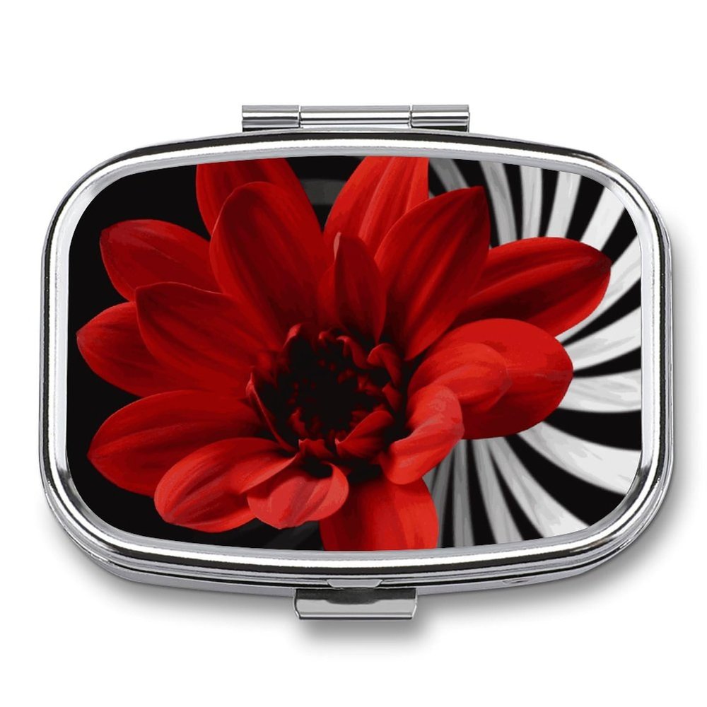Red Flower Square Pill Box Travel Portable Pill Case 2 Compartment Medicine Metal Tablet Vitamin Holder Organizer for Purse Pocket