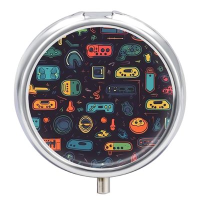 Game Video Gaming Pattern Pill Box Cute Round Pill Case Portable Medicine Tablet Vitamin Holder Organizer for Purse Pocket