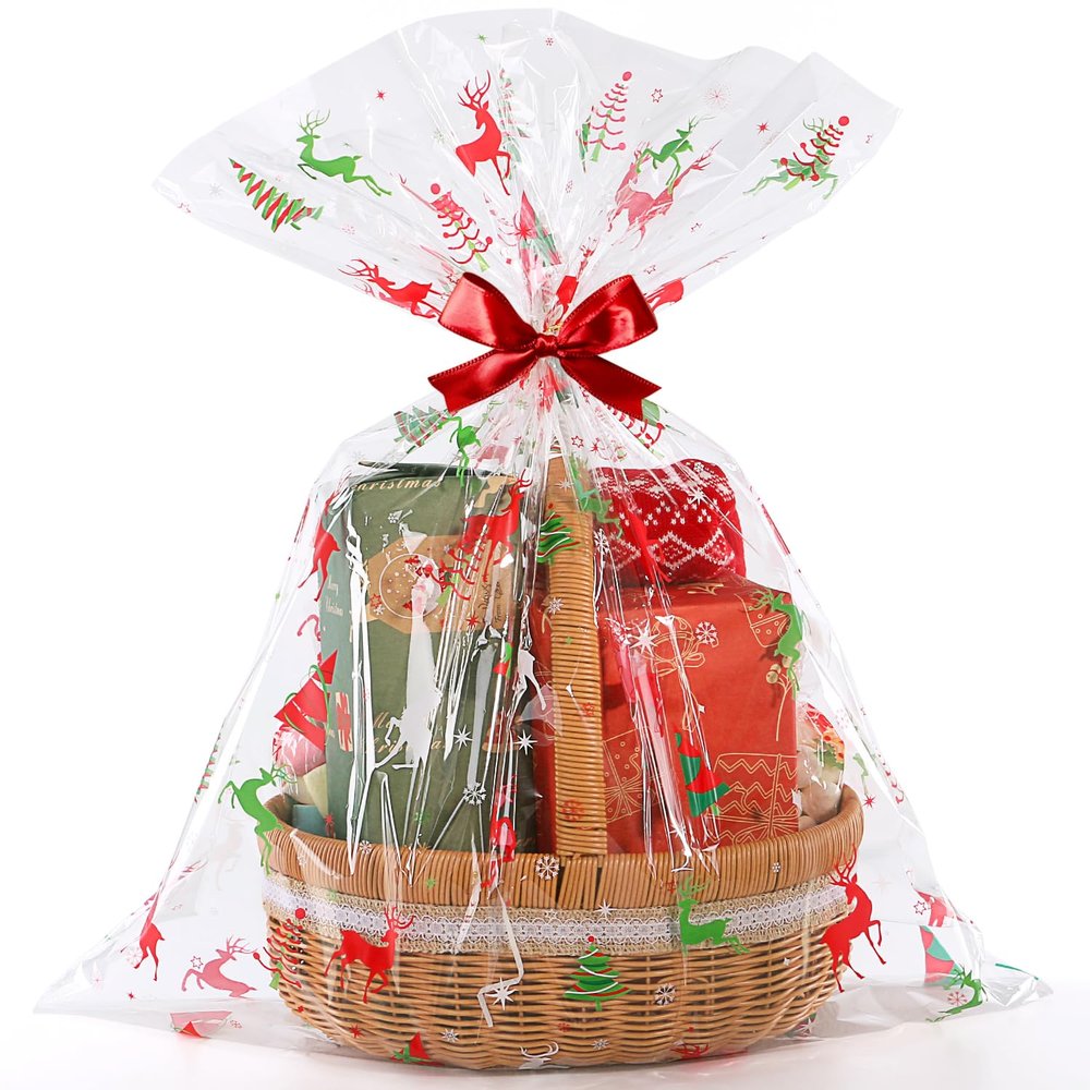 CUDICY Christmas Cellophane Gift Bags 10pcs Large Holiday Gift Wrap 24x30 Inch Clear Gift Basket Wrapping Plastic (Reindeer)