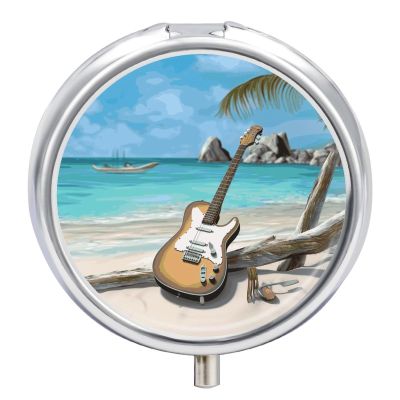 Guitar on The Beach Pill Box Cute Round Pill Case Portable Medicine Tablet Vitamin Holder Organizer for Purse Pocket