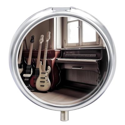 Guitar Bass Music Musical Instruments Pill Box Cute Round Pill Case Portable Medicine Tablet Vitamin Holder Organizer for Purse Pocket