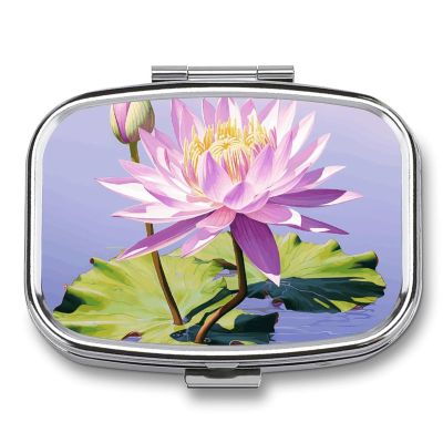 Purple Water Lily Pill Box Cute Square Pill Case Portable Medicine Tablet Vitamin Holder Organizer for Purse Pocket