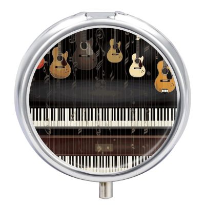 Guitar Piano Pattern Pill Box Cute Round Pill Case Portable Medicine Tablet Vitamin Holder Organizer for Purse Pocket