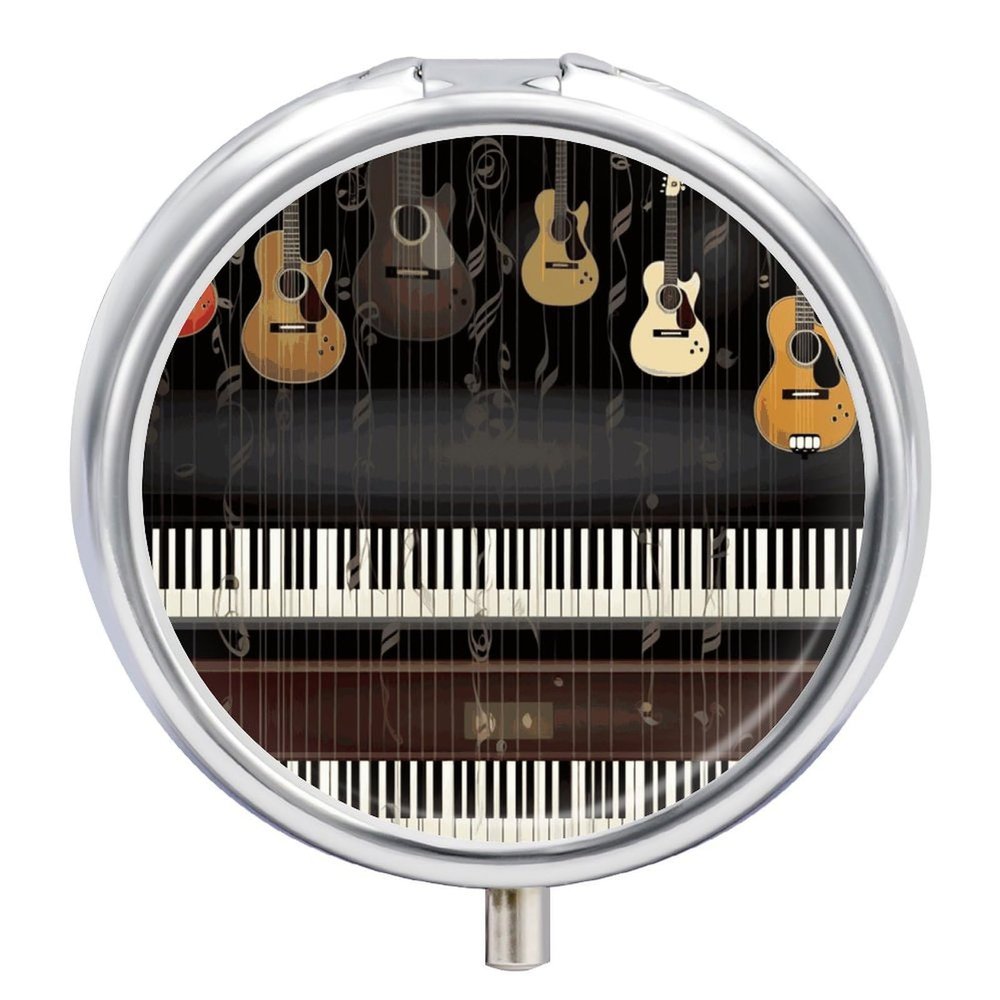 Guitar Piano Pattern Pill Box Cute Round Pill Case Portable Medicine Tablet Vitamin Holder Organizer for Purse Pocket