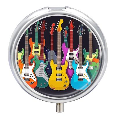 Colorful Guitars Pill Box Cute Round Pill Case Portable Medicine Tablet Vitamin Holder Organizer for Purse Pocket