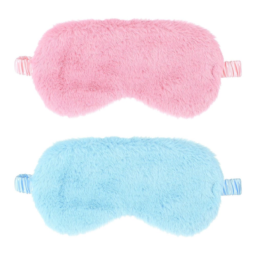 2 Pcs Plush Eye Mask Soft Sleeping Blindfold Eye Cover Comfortable Furry Faux Fur Sleeping Mask Satin Nap Night Eyeshade Cover for Women Men Gift (Blue, Pink)