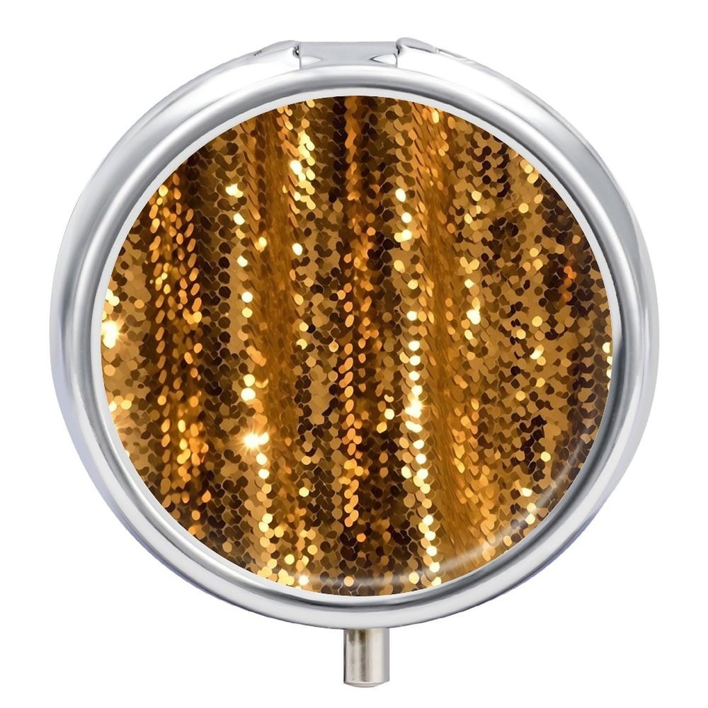 Gold Sequin Sparkle Pill Box Cute Round Pill Case Portable Medicine Tablet Vitamin Holder Organizer for Purse Pocket