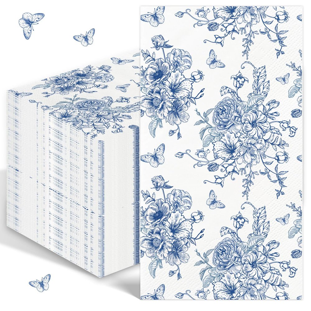 100PCS Blue Floral Napkins Disposable Hand Towels for Bathroom 3 Ply Blue and White Paper Napkins Decorative Flower Guest Napkins Chinoiserie Napkins for Wedding Bridal Shower Birthday Cocktail Party