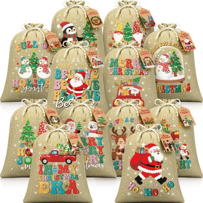 12 PCS Burlap Christmas Drawstring Gift Bags, 12x16in Christmas Linen Gift Bags w/Tags, Large Xmas Burlap Sacks Jute Goody Gift Bag Candy Treat Bags Reusable Gifts Wrapping for Holiday Party Favors