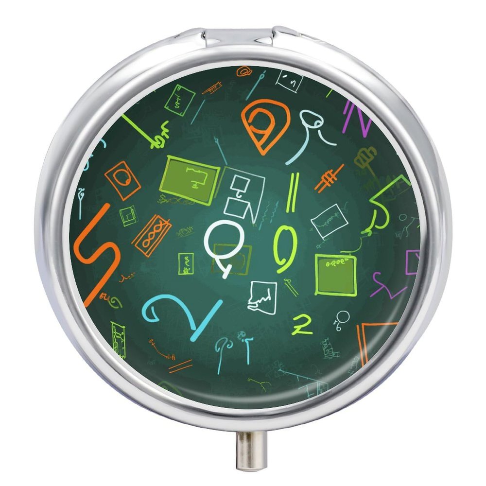 Math Question Pill Box Cute Round Pill Case Portable Medicine Tablet Vitamin Holder Organizer for Purse Pocket