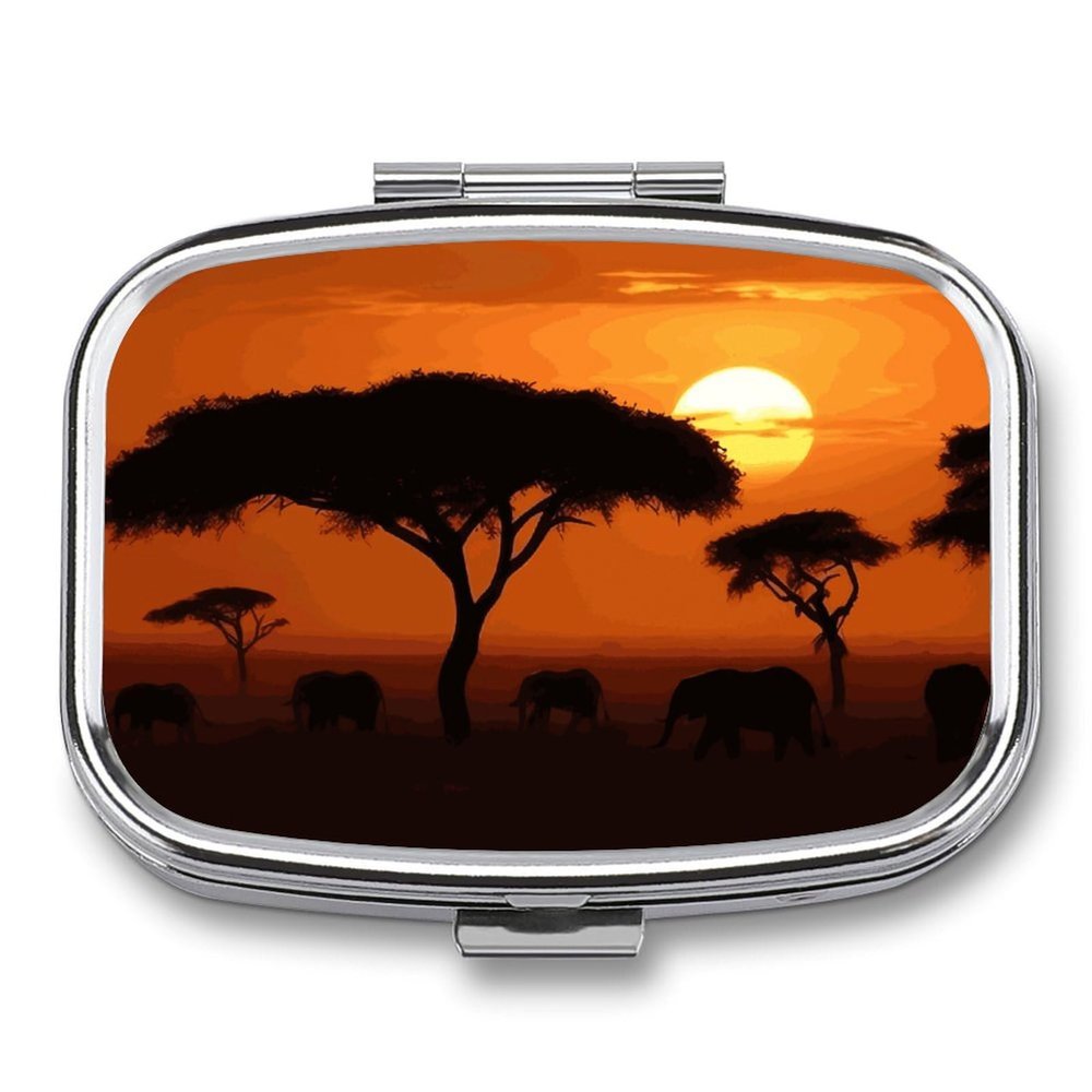 Sunset African Savanna Square Pill Box Travel Portable Pill Case 2 Compartment Medicine Metal Tablet Vitamin Holder Organizer for Purse Pocket