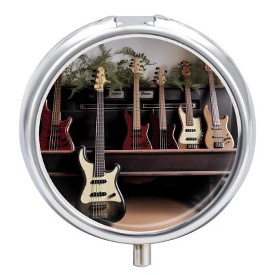 Guitar Bass Music Musical Instruments Pill Box Cute Round Pill Case Portable Medicine Tablet Vitamin Holder Organizer for Purse Pocket
