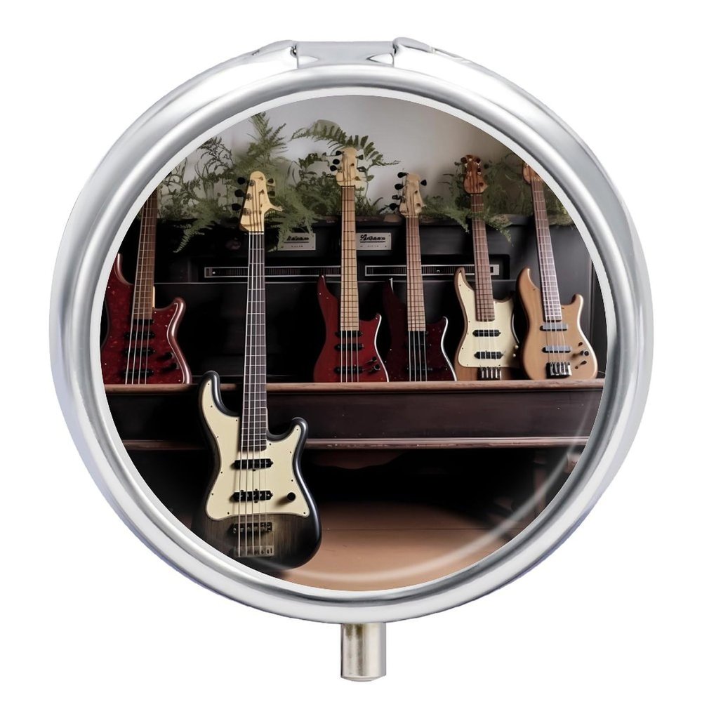 Guitar Bass Music Musical Instruments Pill Box Cute Round Pill Case Portable Medicine Tablet Vitamin Holder Organizer for Purse Pocket