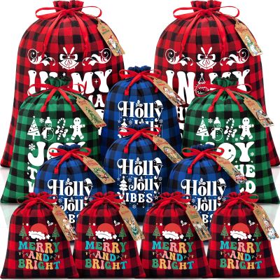 12 PCS Christmas Drawstring Gift Bags with Tags, Buffalo Plaid Xmas Gift Bags Assorted Sizes Bulk, Cotton Fabric Holiday Bag Large Medium Small Wrapping Bag for Xmas Presents Decor Party Favors