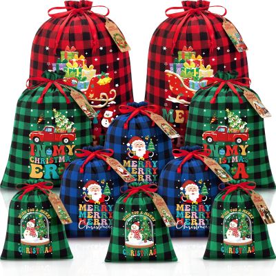 10 PCS Christmas Drawstring Gift Bags with Tags, Buffalo Plaid Xmas Gift Bags Assorted Sizes Bulk, Cotton Fabric Holiday Gift Bag Large Medium Small Wrapping Bag for Xmas Presents Decor Party Favors