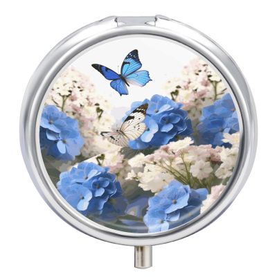 Hydrangeas Daisies Butterflies Pill Box Cute Round Pill Case Portable Medicine Tablet Vitamin Holder Organizer for Purse Pocket