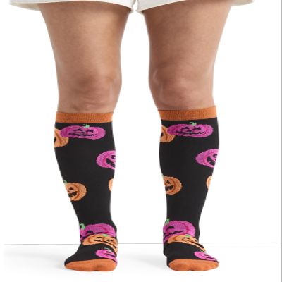 Cherokee Women's 10-15mmHg Compression Socks  Fun Print Knee Highs with Light Support, Soft Feel - PRINTSUPPORT, Plus, Happy Pumpkins