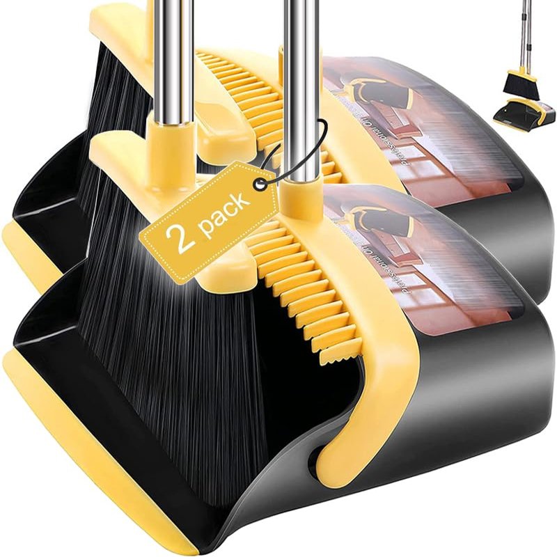 2-Pack is More economical,Brooms with Dustpan Combo Set with 52" Long Handle, Dustpan Teeth with self-Cleaning Function, Indoor and Outdoor Sweeping, Perfect for Home Office (Large/Yellow/ 2-Pack)