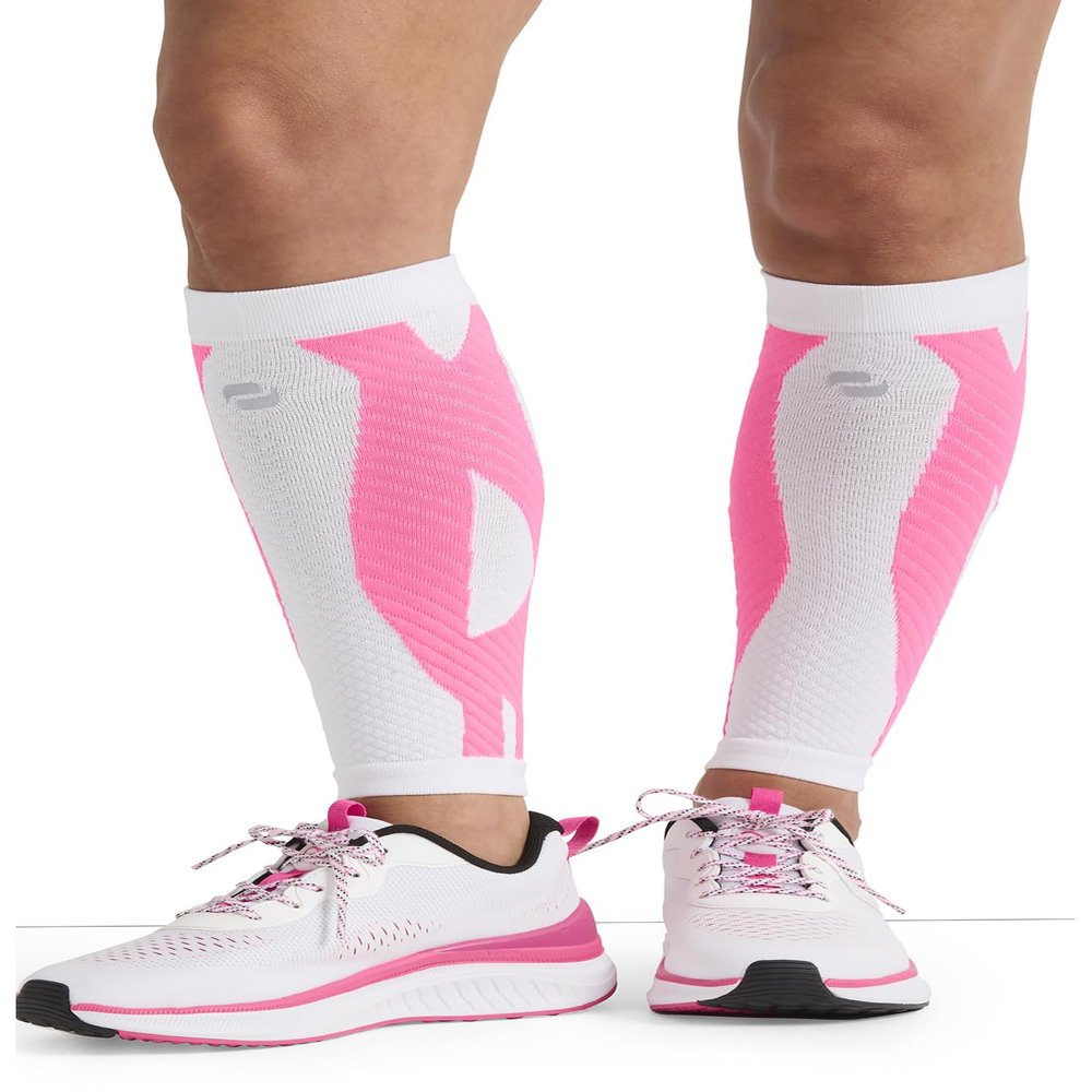Infinity Leg Calf Compression Sleeve Socks 10-15 mmHg With Moisture Wicking Technology for Men or Women (Unisex) - ELECTRIC, Plus, White/Shocking Pink