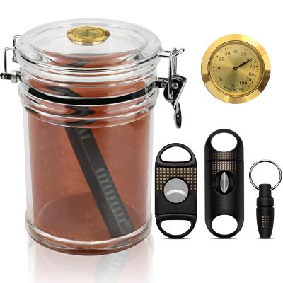 Acrylic Cigar Humidor Jar with Cigar Cutter Set, Cedar Wood Lined, Cigar Humidifier&Hygrometer, Multi-Functional Cigar Accessories, Portable Cigar Case Box for Tavel, Men Gifts