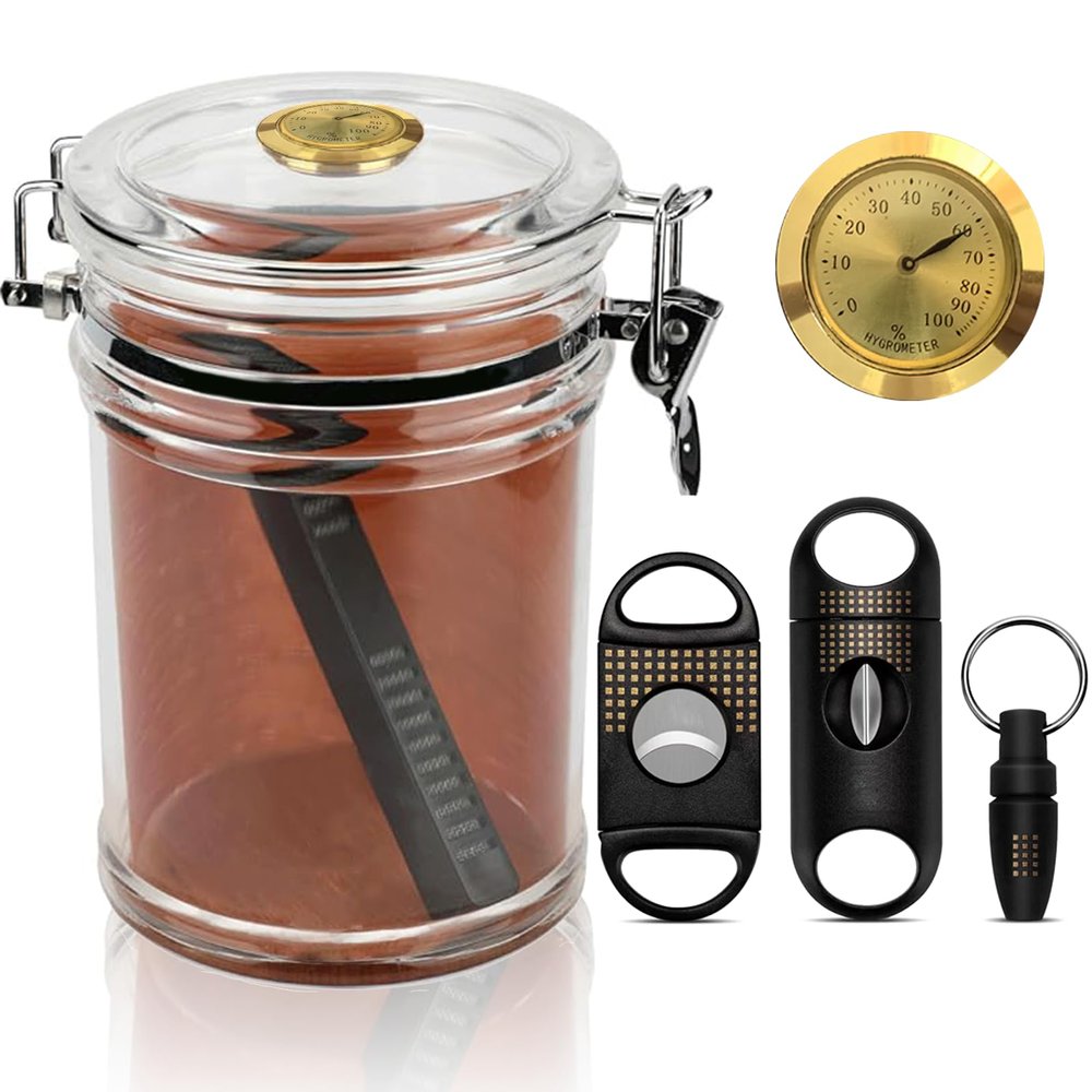 Acrylic Cigar Humidor Jar with Cigar Cutter Set, Cedar Wood Lined, Cigar Humidifier&Hygrometer, Multi-Functional Cigar Accessories, Portable Cigar Case Box for Tavel, Men Gifts