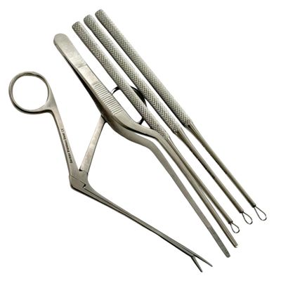 Set of 5 ENT Foreign Object Removal Ear Diagnostics Wax Removal Set with Alligator Forceps + Bayonet Adson Forceps + 3 Billeau Ear Loop Currettes | German Stainless Steel