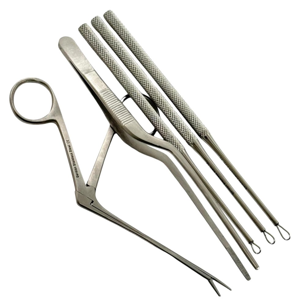 Set of 5 ENT Foreign Object Removal Ear Diagnostics Wax Removal Set with Alligator Forceps + Bayonet Adson Forceps + 3 Billeau Ear Loop Currettes | German Stainless Steel