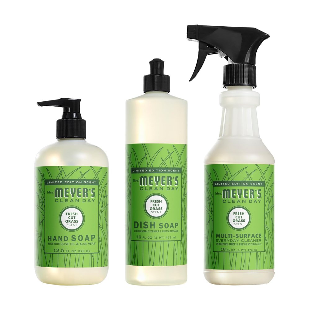 Mrs. MEYER'S CLEAN DAY Fresh Cut Grass 3 Pack Variety, Liquid Hand Soap 12.5 OZ, Liquid Dish Soap 16 OZ, Multi-Surface Cleaner 16 OZ, 1 CT