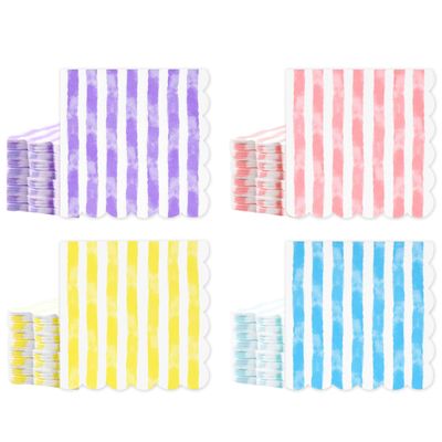 100 Pack Scalloped Pastel Striped Cocktail Napkins 5x5 Inch Disposable Paper Beverage Napkins for Birthday Baby Shower Summer Party Dinner Decor Supplies