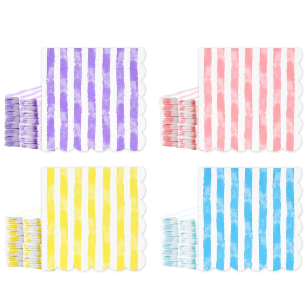 100 Pack Scalloped Pastel Striped Cocktail Napkins 5x5 Inch Disposable Paper Beverage Napkins for Birthday Baby Shower Summer Party Dinner Decor Supplies
