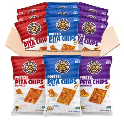 PRETZELIZED Snacks Pretzel Pita Chips Variety Pack (Pack of 12) 4 Sea Salt, 4 Everything, 4 Buffalo MultiPack