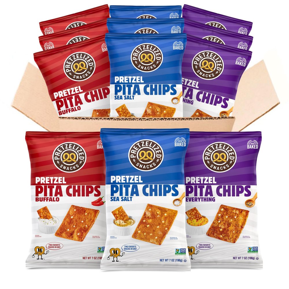 PRETZELIZED Snacks Pretzel Pita Chips Variety Pack (Pack of 12) 4 Sea Salt, 4 Everything, 4 Buffalo MultiPack