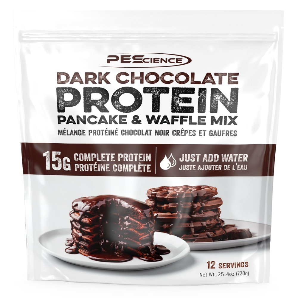 PEScience Protein Pancake Mix for Protein Waffles and Pancakes, Just Add Water, Whey and Casein Blend, Amazing Taste and Fluffy Texture - Dark Chocolate, 12 Servings