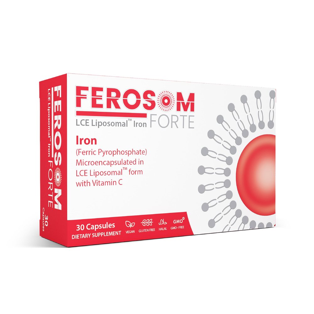 Ferosom Forte LCE Liposomal Iron Capsules 30mg Elemental Iron with Vitamin C Gentle Supplement for Women and Men Easy-to-Swallow Vegan Capsules, 30 Count