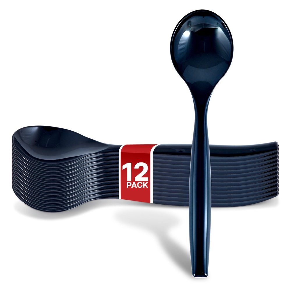 12 Count 10-Inch Disposable Black Plastic Serving Spoons for Catering, Weddings, Holiday Parties, and Buffets - Large Utensils by Stock Your Home