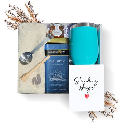 Tea Gift Set for Women  Get Well Basket with Cozy Socks, 18 Full Leaf Sachets, Honey, Tumbler & Sending Hugs Card (Earl Grey)