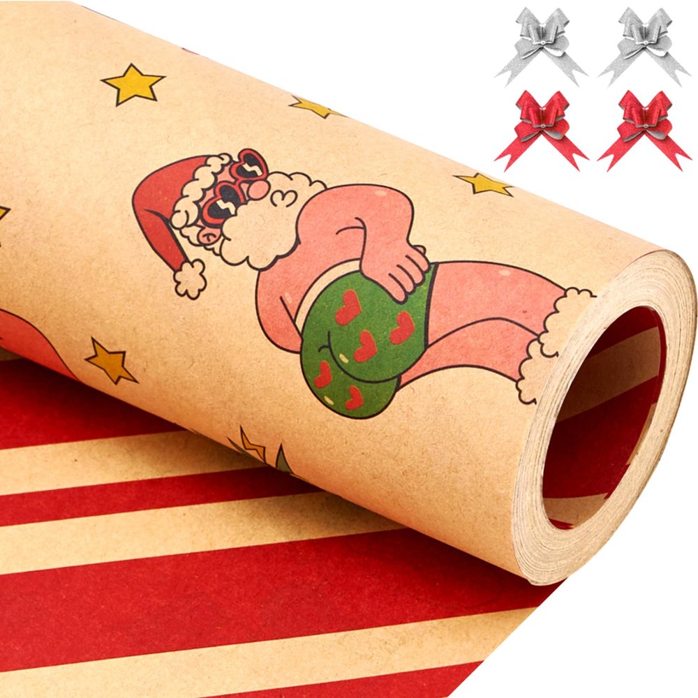 EWES Kraft Christmas Wrapping Paper Brown Set Funny Rolls vintage Santa Claus For Kids Cute Cartoon Thick Gift Wrap Sheets Unique Retro Heavy Duty Reversible Fun Total 28.5sq.ft