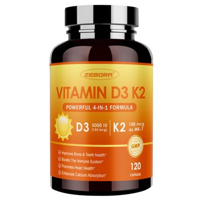 ZEBORA Vitamin D3 K2 with Zinc and Selenium - 5000 IU of Vitamin D3, 100 Mcg MK7 Vitamin K2 for Maximum Absorption, Supports Bones, Teeth & Immune Healt, 120 Capsules