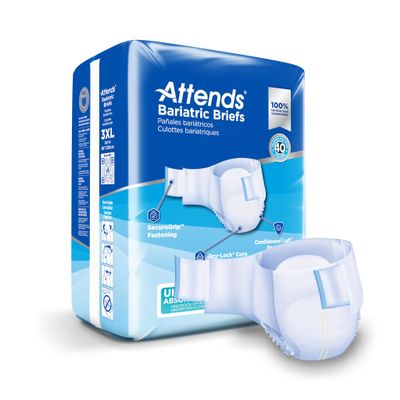 Attends Bariatric Incontinence Disposable Briefs, 3X-Large, Up to 85" Waist with SecureGrip Tab Closure, Ultimate Absorbency, Dry-Lock Containment Core and ConfidenceCuff Leakage Protection, 48ct Case