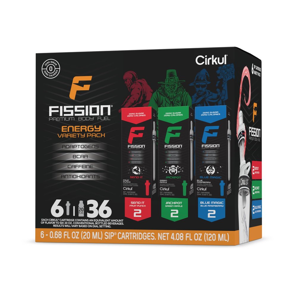 Cirkul Fission Caffeine Flavor Water Variety Pack, Makes 36 Drinks, No Sugar, Zero Calorie Drink Mix, (2 Send It, 2 Jackpot, 2 Blue Magic)