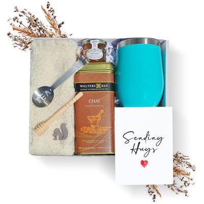 Tea Gift Set for Women Get Well Basket with Cozy Socks, 18 Full Leaf Sachets, Honey, Tumbler & Sending Hugs Card (Chai)