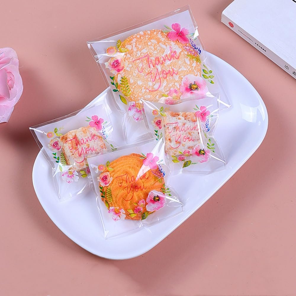 100 Pcs Cookie Packaging Bags, Flower PrintingSliced Bread, Donut Packaging, Transparent Self-sealing Cellophane, Self-adhesive OPP Packaging, Gift Packaging Bags (2.82.8 inches)