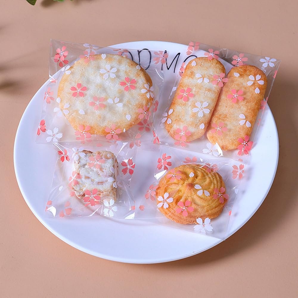 100 Pcs Cookie Packaging Bags, Cherry Blossom PrintingSliced Bread, Donut Packaging, Transparent Self-sealing Cellophane, OPP Packaging, Gift Packaging Bags (2.82.8 inches)