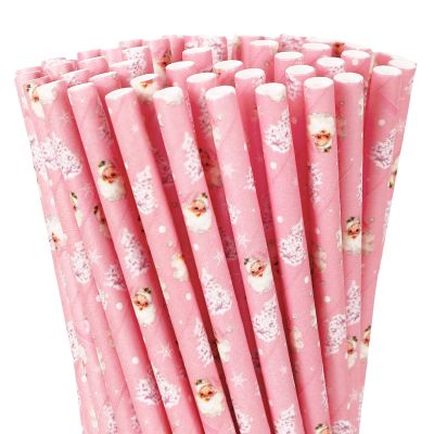 100Pcs Christmas Straws Pink Xmas Tree Santa Paper Straws Xmas Winter Holiday Disposable Drinking Straws for Beverages Cocktail Decorations