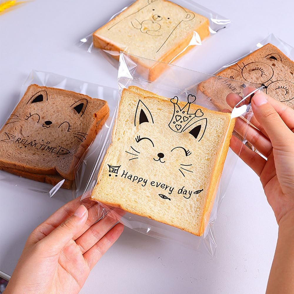 100 Pcs Cookie Packaging Bags, Animal PrintingSliced Bread, Donut Packaging Bags, Transparent Self-sealing Cellophane, OPP Packaging, Gift Pack (5.97.1 inches 3 kinds of cat faces)