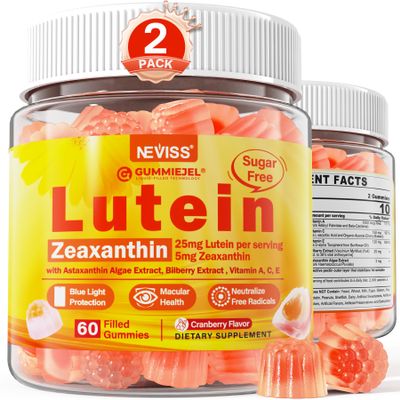 2 Pack Lutein and Zeaxanthin Supplements Gummies (25mg) Vitamins A, C, E, Bilberry, Astaxanthin - Coconut Oil for Better Absorption - for Adults & Teens Vision, Eye, Brain, Skin - Vegan, Sugar Free