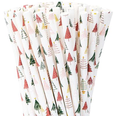 100Pcs Christmas Straws Boho Xmas Tree Paper Straws Boho Forest Disposable Drinking Straws for Xmas Winter Holiday Beverages Cocktail Decorations