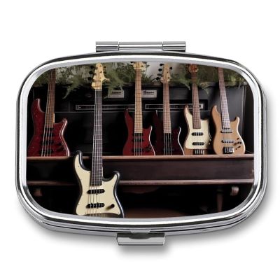 Guitar Bass Music Musical Instruments Pill Box Cute Square Pill Case Portable Medicine Tablet Vitamin Holder Organizer for Purse Pocket